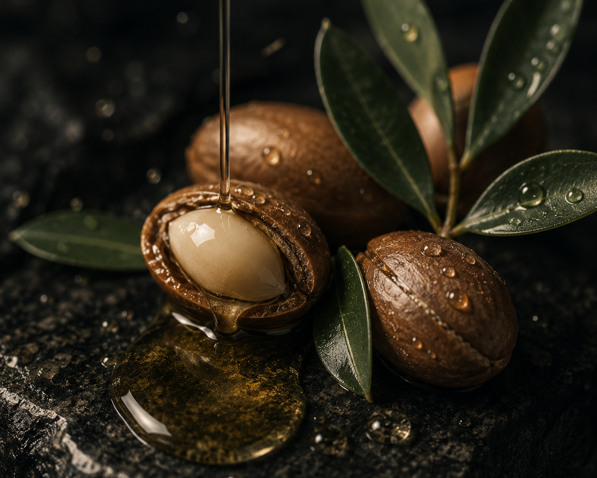 A close-up still life of whole and halved brown nuts with glossy green leaves and a stream of golden oil being poured over them on a dark textured surface.