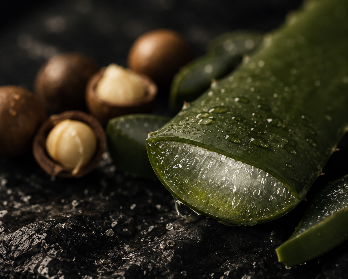 A close-up of a fresh aloe vera leaf with clear gel visible at the cut end, resting on a dark textured surface with macadamia nuts nearby.