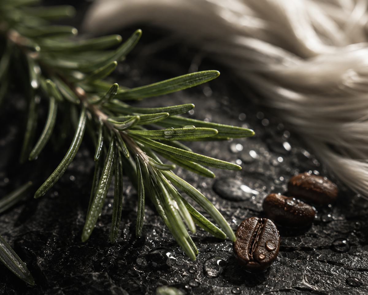 A close-up styled shot of a green rosemary sprig, two roasted coffee beans, and a soft cream-colored knit blanket on a dark, wet textured surface.